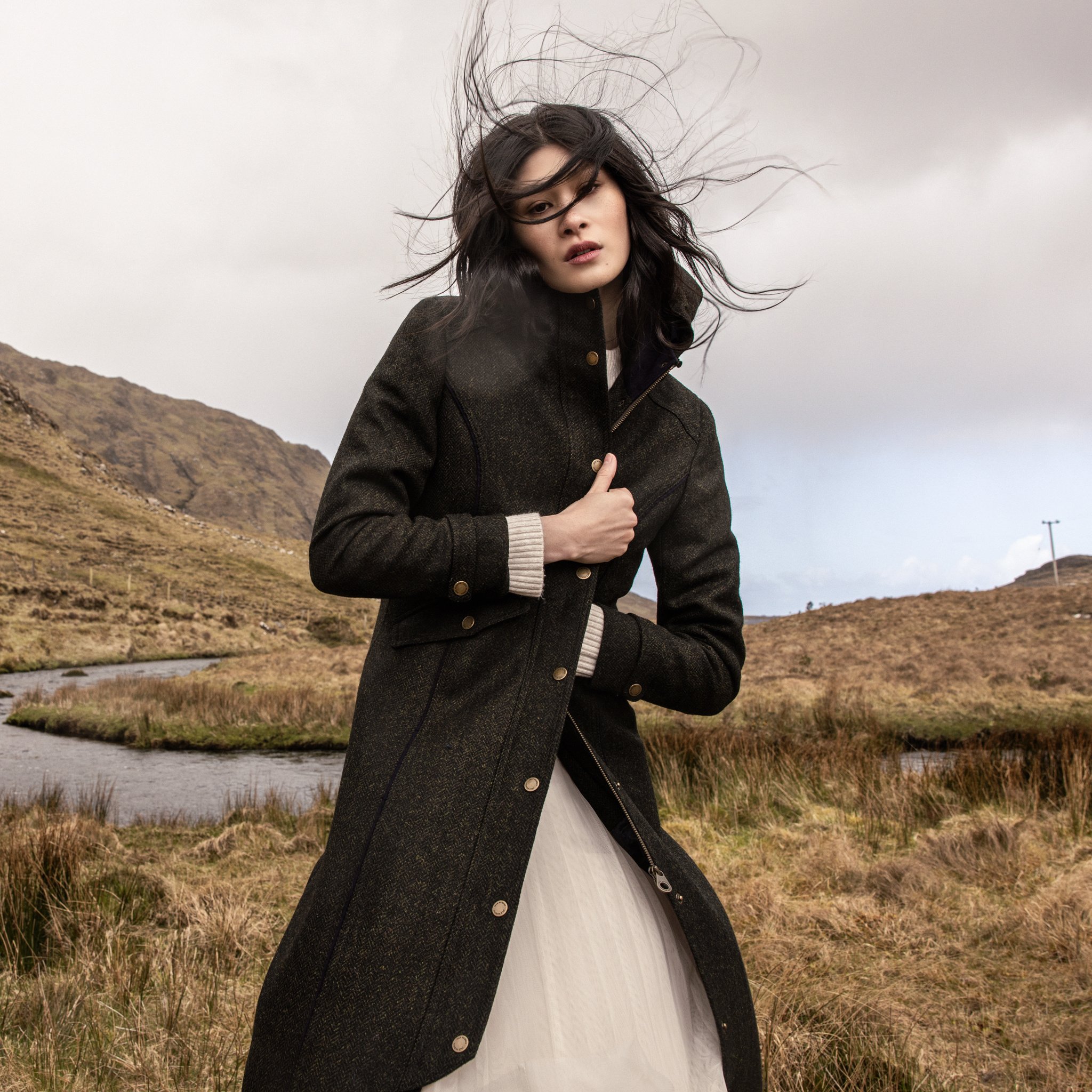 Julia Tweed Coat - Green Herringbone