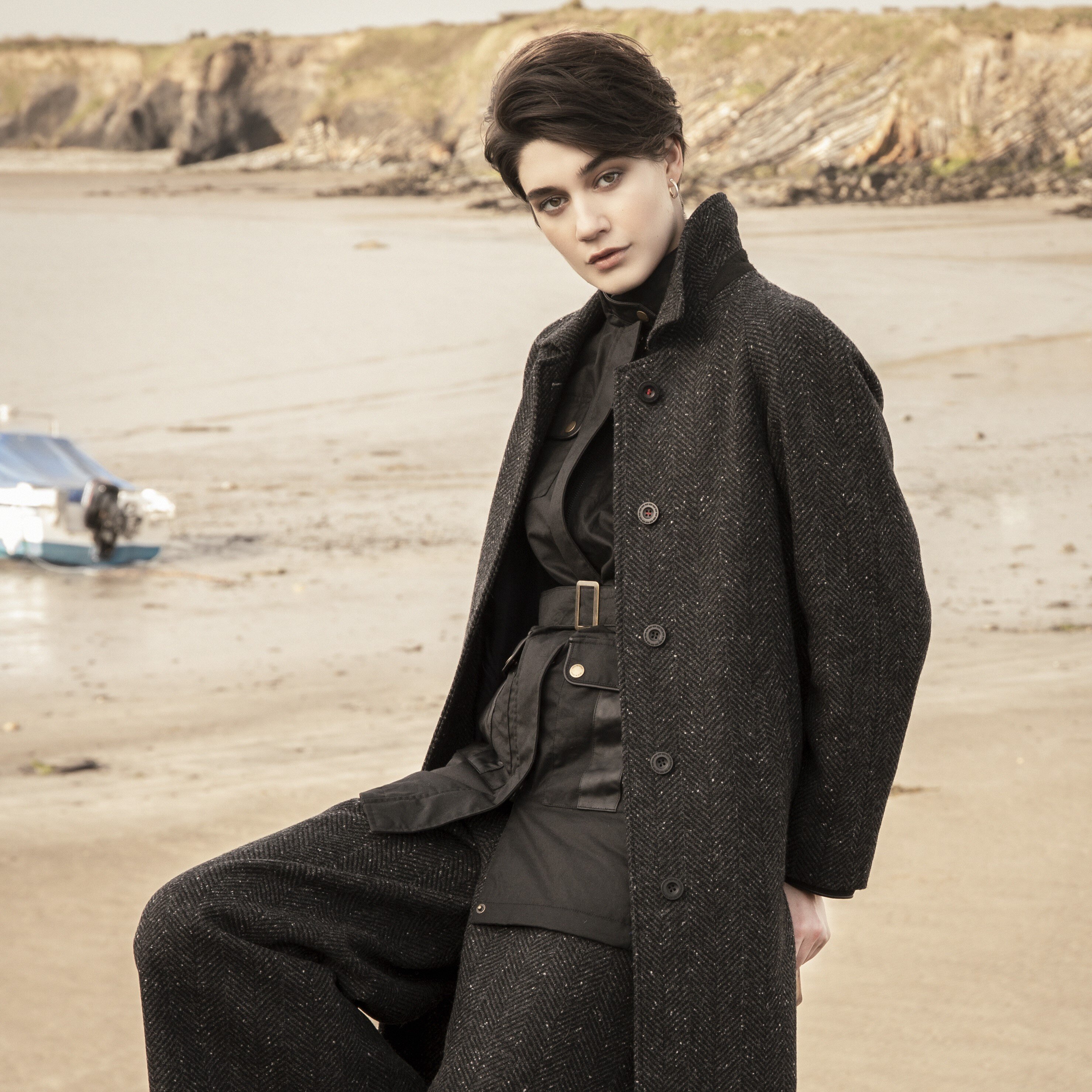 Shauna overcoat & Enya in Molloy grey herringbone & Black long wax jacket 056A2581 copy-1